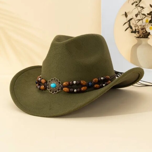 Green Cowboy &‎ Cowgirl Hat – Wide Brim, Turquoise Beads, Retro Western Look - Picture 1 of 2